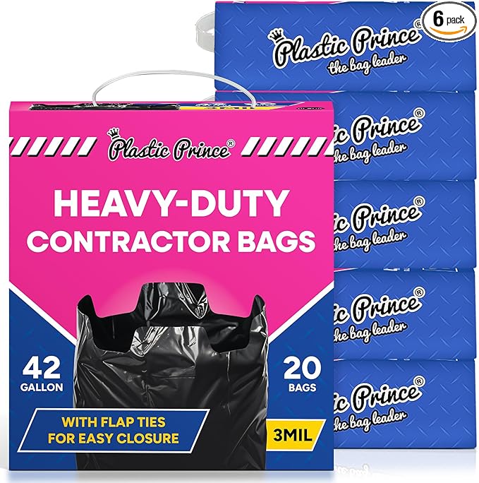 Contractor Bags 42 Gallon 3 Mil with Flap Ties Heavy Duty Trash Bags for Industrial Commercial Use 32 x 45 Yard Waste Bags, Black Pack of 120, 6 Boxes of 20 Bags