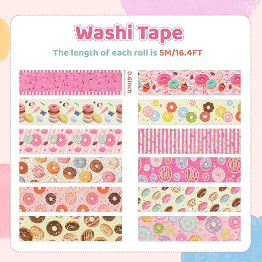 12 Rolls Donut Washi Tape Set, Candy Donuts Stars Masking Tapes, Cartoon Craft Pattern Adhesive Tapes for Planners, Scrapbook Decorating, Journal, DIY Art Crafts, Gift Wrapping 16.4Ft