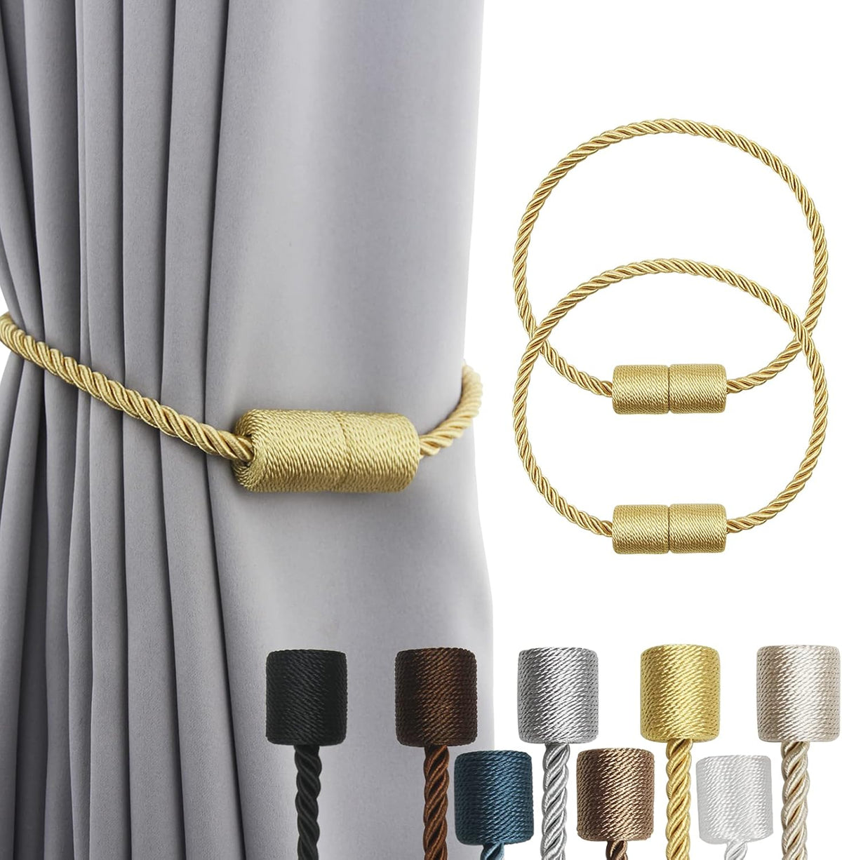 2 Pack Strong Magnetic Curtain Tiebacks Outdoor Elegant Decorative Tie Backs Modern Rope Tiebacks for Drapes Window Curtain Holdbacks for Draperies- Gold