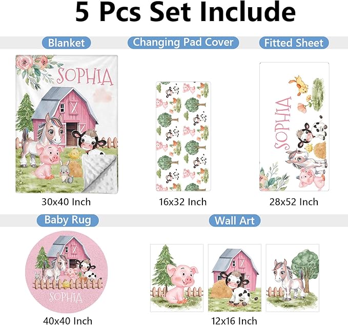 Personalized Baby Bedding Set, 5 Pcs Custom Crib Set With Name, Double Layer Nursery Bedding, Soft Farm Animal Set for Boy Girls, Customized Gift for Toddler Infant