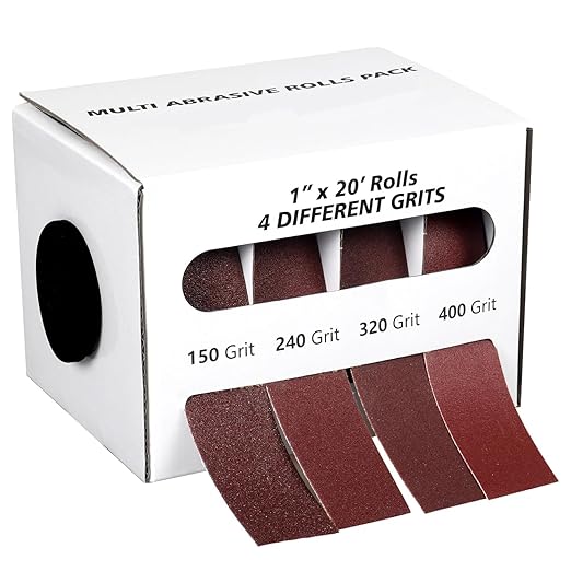 Emery Cloth Roll,4 Grits 1'' x 20FT Abrasive Sandpaper Roll with Dispenser,150 240 320 400 Grit Sand Assortment,Sanding Paper & Sand Paper Sheets for Metal Auto Wood Dry & Wet Polishing(4Rolls 20FT)