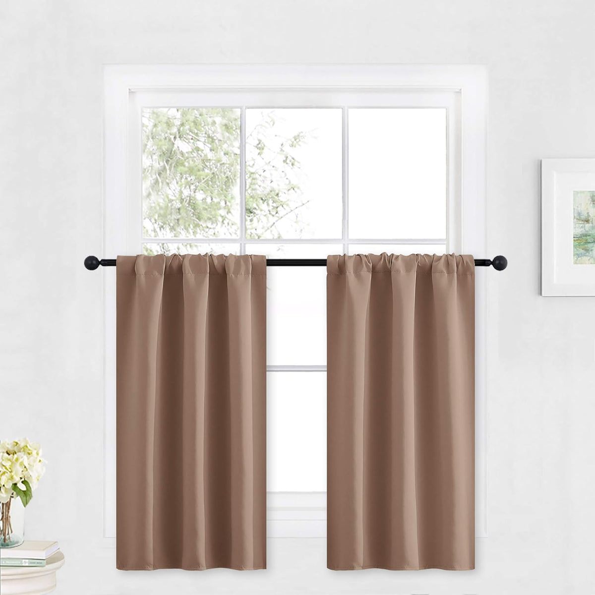 RYB HOME Blackout Small Window Curtains for Kitchen, 2 Panels Solid Kitchen Curtains Privacy Half Window Treatment for Closet Bathroom Bunk Bed Basement, W29 x L30 inches, Mocha