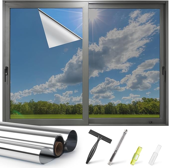 Kromapolis One Way Window Privacy Film Reflective Mirror Home Window Tint, Daytime Privacy Heat Control Anti UV Glass Tinting Static Cling (Silver, 45.2 x 393.7 inch)