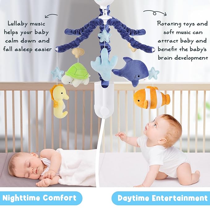 Ocean Animals Baby Crib Mobile - Musical Baby Mobile for Crib with 12 Lullabies for Boys & Girls, Baby Mobile for Bassinet for New Borns, Nursery Mobiles, Fits Standard Cribs
