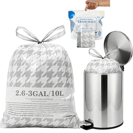OKKEAI 3 Gallon Small Bathroom Trash Bags White Drawstring Garbage Bags – 90 Count Tear-Free, Heavy Duty Printed Liners, Leak-Proof White Trash Bag for Kitchen, Office, Multipurpose Use