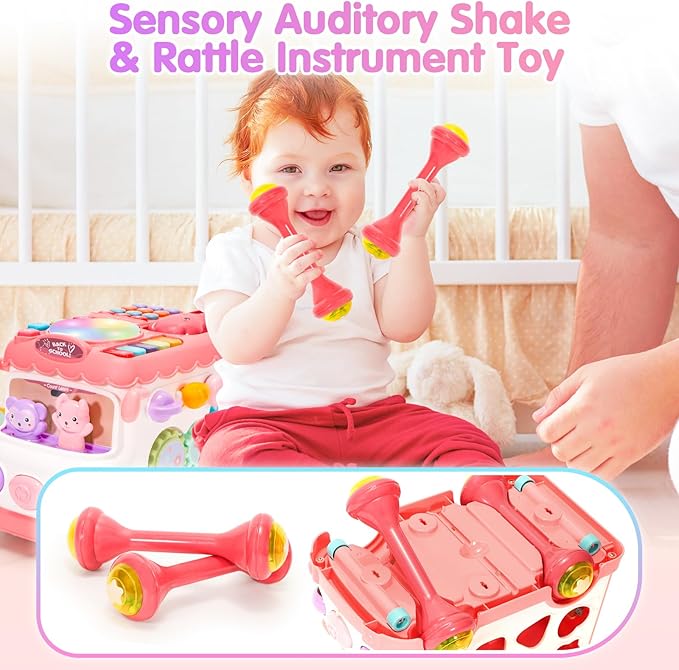 Baby Gift for 1-2 Year Old Girl, 10-in-1 Montessori Toys Bus for Baby 6-12-18 Months+, Educational Musical Sensory Learning Toddler Toys Age 1-2, First Christmas and Birthday Gifts Pink