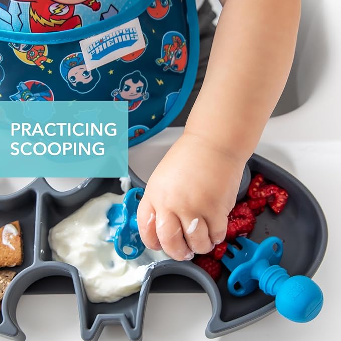 Bumkins Baby Utensils Set, Chewtensils Silicone Spoons for Dipping, Self-Feeding, Baby Led Weaning, Trainer Learning, First Stage Eating, Soft Practice Fork and Spoon, Babies 6 Months, Dark Blue