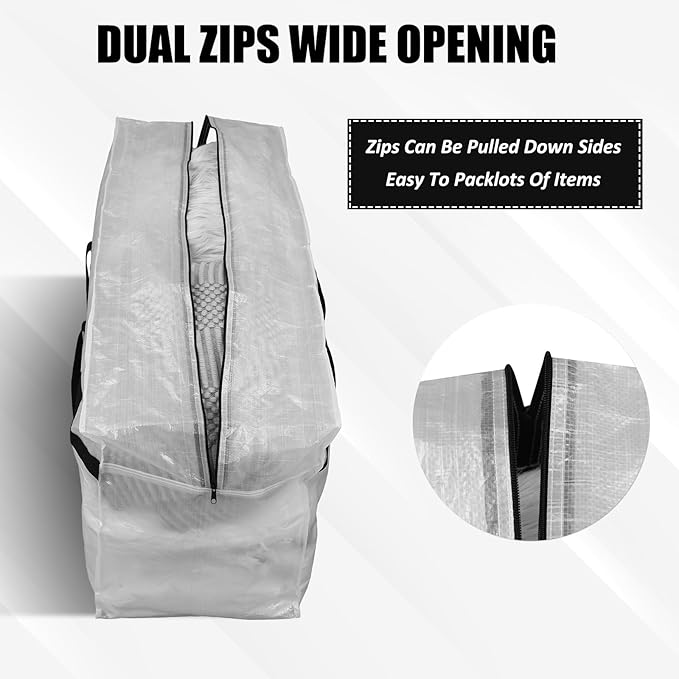 4 Pcs 66 Gallon Large Moving Bags with Zipper and Handles Foldable Storage Duffle Bags Heavy Duty Extra Large Totes for College Dorm Travel Clothes Blankets Bedding Moving (Clear)