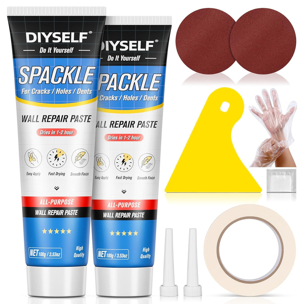 DIYSELF-Drywall-Repair-Kit-Fast-Drying, Wall Mending Agent, 9 Pack Spackle Wall Repair Kit with Putty & Scraper, 2×100g (7oz Total) White Wall Hole Filler for Drywall, Plaster and Home Use