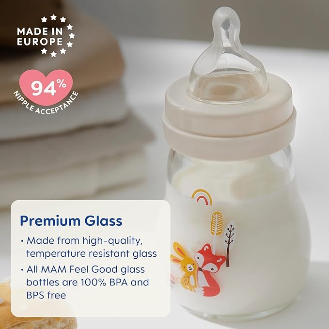 MAM Feel Good Glass Baby Bottle and Pacifier Bundle, Unisex, Slow Flow and Medium Flow, Premium 5oz and 9oz Glass, Easy Switch Between Breast to Bottle, MAM Perfect Night Pacifier 0+ Months, Glows in