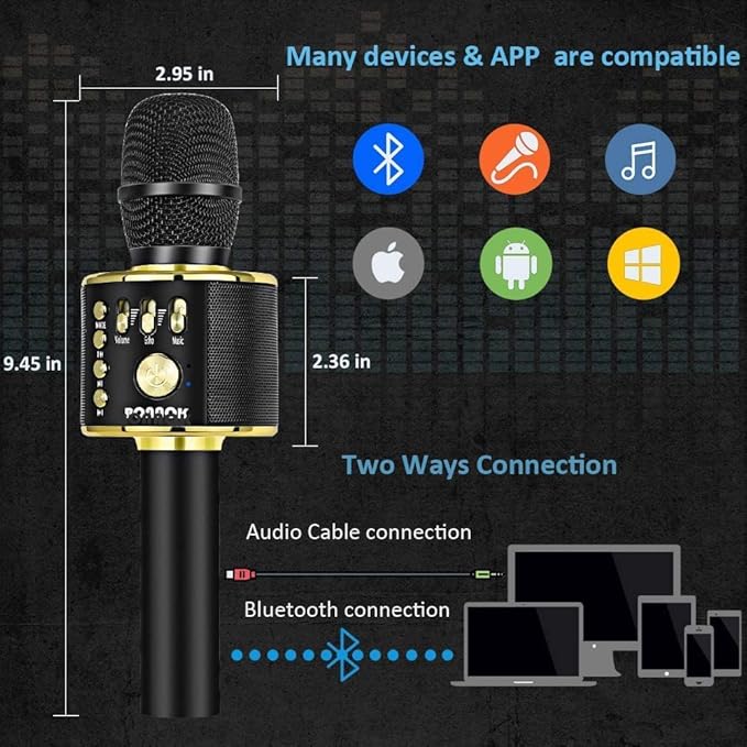 BONAOK Wireless Bluetooth Karaoke Microphone, 3-in-1 Portable Handheld Mic Speaker Machine for All Smartphones, Gifts to Girls Boys Kids Adults All Age Q37(Black Gold)