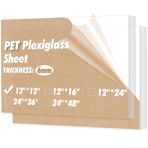 Art3d (2 Pack) 1/4" Thick Plexiglass Sheets - 12" x 12" PET Clear Acrylic Sheets for Art Design, Craft Projects, Signs, DIY in Home, Wedding, Festival,Party,Office