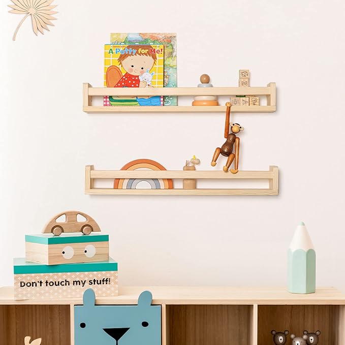 Fun Memories Nursery Book Shelves - Rustic Natural Solid Wood Floating Bookshelf for Kids - Wall Book Shelves for Kids Room (Natural, 32inch - 4P)