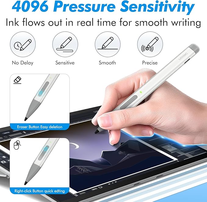 Uogic Slim Pen 2 for Surface, with 4096 Pressure, Erase & Right-Click, Palm Rejection for Surface Pro (4th/5th/6th/7th/7+/8th/9th/10th Gen), Surface Duo (1st/2nd Gen), Surface Book (1st/2nd/3rd Gen)