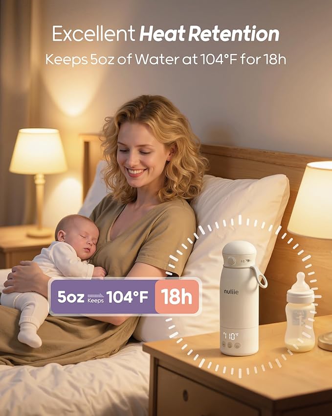 Nuliie Portable Bottle Warmer for Travel, Double Leak‑Proof, Heating Milk & Water Faster, Cordless Milk Warmer with Fast Charging, Anti-Dry & Anti-Burn Protection for All Day Needs, 17oz