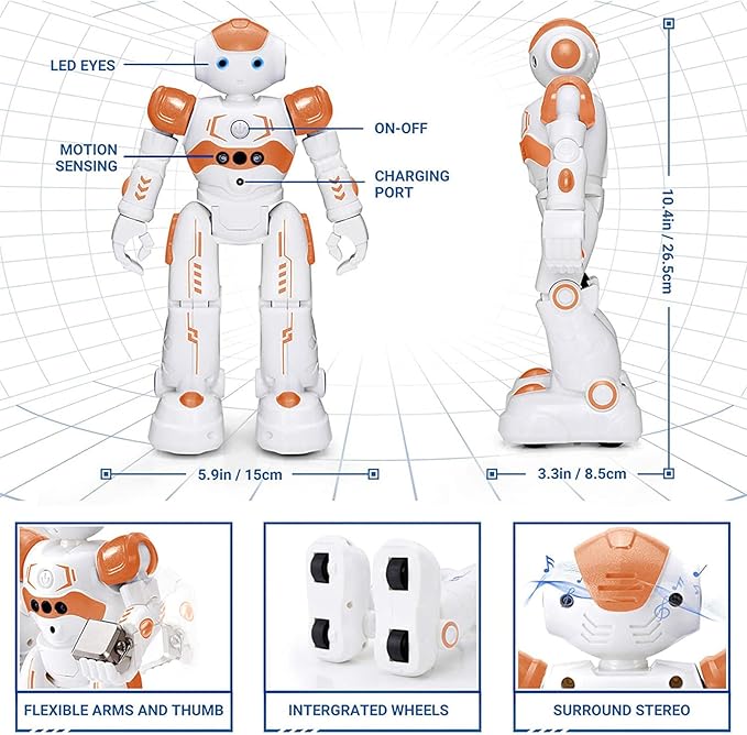 KingsDragon RC Robot Toys for Kids, Gesture & Sensing Programmable Remote Control Smart Robot for Age 3 4 5 6 7 8 Year Old Boys Girls Birthday Gift Present,Orange