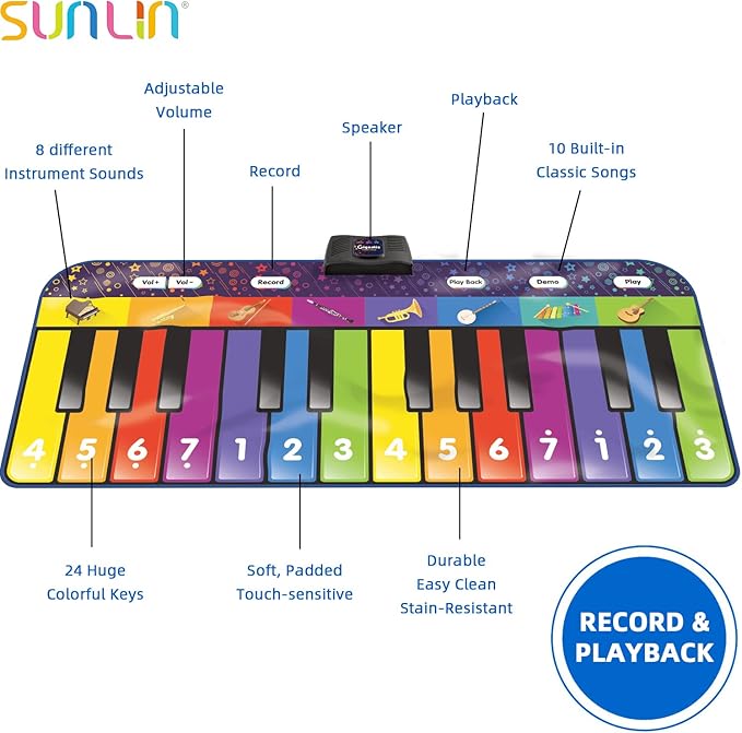 SUNLIN 6 ft. Floor Piano Mat for Kids & Toddlers, Giant Piano Mat, 24 Keys, 10 Built in Songs, 8 Instrument Sounds, Record & Playback, Song Booklet, Musical Toy Gift for Boys & Girls Age 3 4 5 6 7 8 9