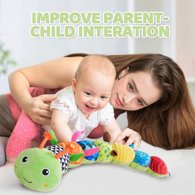 Baby Sensory Toys 0-12 Months, Plush Toys with Music and Rattle, Suitable for Newborn Baby Tummy time, can be Used as a Newborn Birthday, Holiday, Baptism Gift (Green Caterpillar)