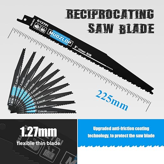 10 Pack 9 inch Reciprocating Saw Blades Set,6/12 TPI High Carbon Saw Blades, Woodcutting Saw Blades with Organizer Case (10, 6/12TPI/225mm)