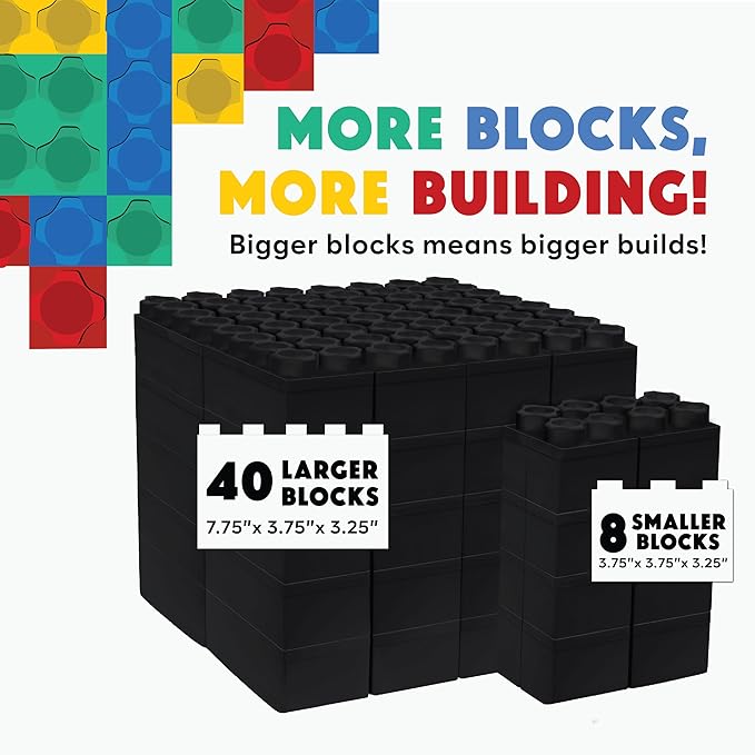 Big Blocks for Kids Ages 4-8 — Indoor & Outdoor Blocks Kids Games — Black Large Building Blocks - 48 pc