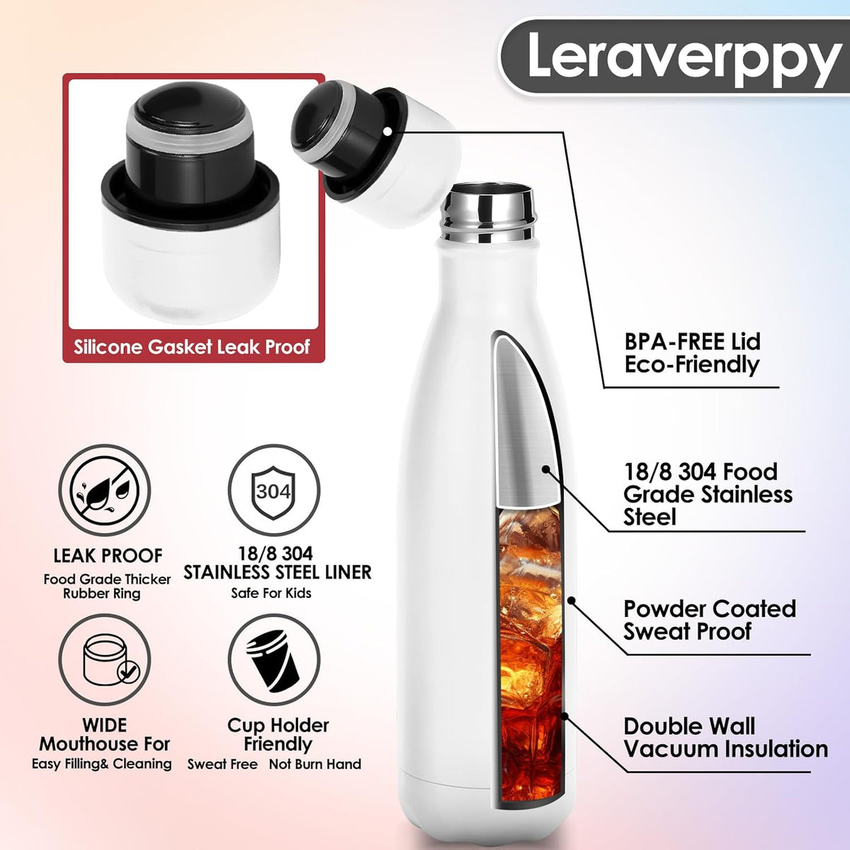 17oz Cola-Bottle Shaped Stainless Steel Leak-proof Water Bottle,Double Wall Vacuum Insulated Metal,Travel Mug For Sports Indoors & Outdoors,BPA-Free School Kids Flasks,White(1 Pack)