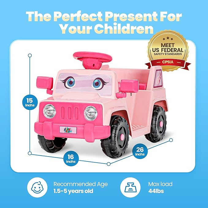 6V Toddler Ride-On Car with Horn LED Front Light Rear Storage and Eyes Theme – Fun & Safe Electric Car for Boys & Girls 18+ Months – Perfect for Little Explorers(Pink Eyes)