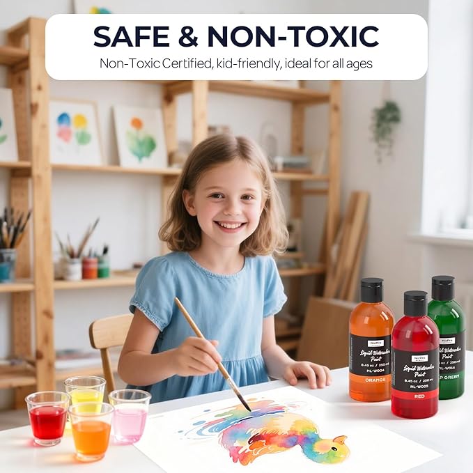 Nicpro 12 Colors Liquid Watercolor Paint Set, 8.45oz Large Bulk Liquid Watercolor Paint, Non-Toxic Water Colors Painting Supplies for Art Activity, Craft DIY, Poster, School, Home, Classroom, Party