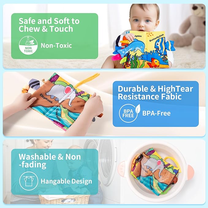 Baby Books 0-6 Months, 2PCS Crinkle Books for Babies, Touch and Feel Sensory Cloth Book 6-12 Months, Tummy Time Toys, Baby Toys for Newborn 6 Page Pink