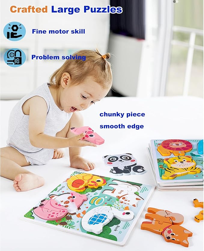 Wooden Animal Puzzles for Toddlers 1-3,Wood Puzzles Ages 2-4, Toys for 2 3 Years Old Girls Boys,Montessori Toddler Toys 2-3 Preschool Learning Educational Gifts