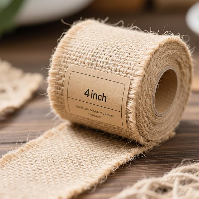 KINJOEK 4 Inch Wide 54 Yards Burlap Ribbon, Natural Jute Fabric Ribbon Crafts Ribbon for Christmas Wedding Gifts Burlap Fabric DIY for Decoration