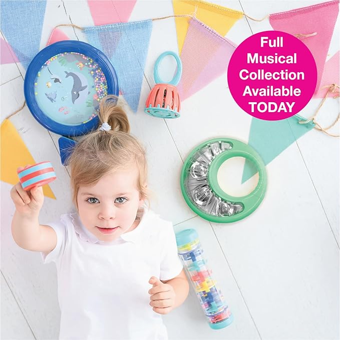Edushape Classic Tambourine for Kids, Green - Percussion Musical Instrument Baby Tambourine for Toddlers 1-3, Kids Tambourine Fun Tummy Time, Fine Motor, Auditory and Visual Sensory Development