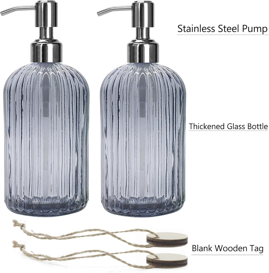 Grey Glass Soap Dispenser 18 oz, 2 Pack Hand Dish Soap Dispensers Bathroom with Stainless Steel Pump, Refillable Kitchen Liquid Decorative Bottles for Hand Sanitizer, Lotion