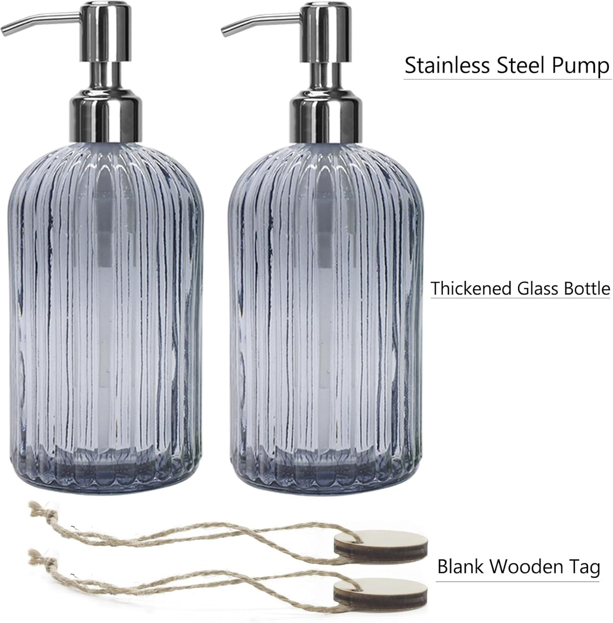 Grey Glass Soap Dispenser 18 oz, 2 Pack Hand Dish Soap Dispensers Bathroom with Stainless Steel Pump, Refillable Kitchen Liquid Decorative Bottles for Hand Sanitizer, Lotion