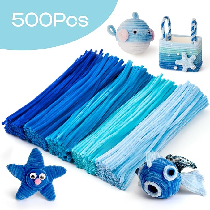 Caydo 500 Pieces Blue Pipe Cleaners, Chenille Stems, Pipe Cleaner Crafts for DIY Art and Craft Projects Creative Gift Party Decorations