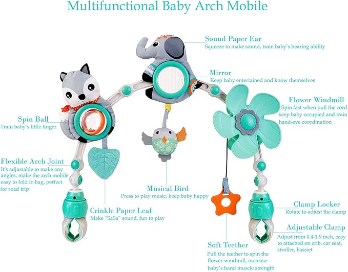 Baby Stroller Arch Mobile, Adjustable Musical Arch Toys Mobile for Crib with Universal Clamps, Versatile Activity Toy Bar for Bouncer Infant Car Seat Toys 0 6 Months Mobile for Bassinet Swing - Gray