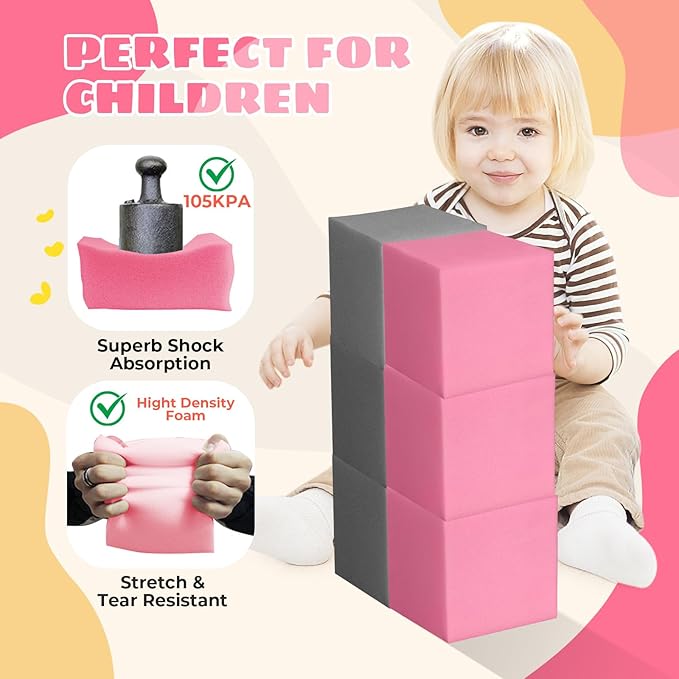 Foam Pit Cubes, 24 PCS 5 Inches Gymnastics Foam Blocks Trampoline Blocks, Multi-Sport Protective Padding for Gymnastics, Trampoline, Parkour, Skate Parks & BMX - Dark Grey & Pink