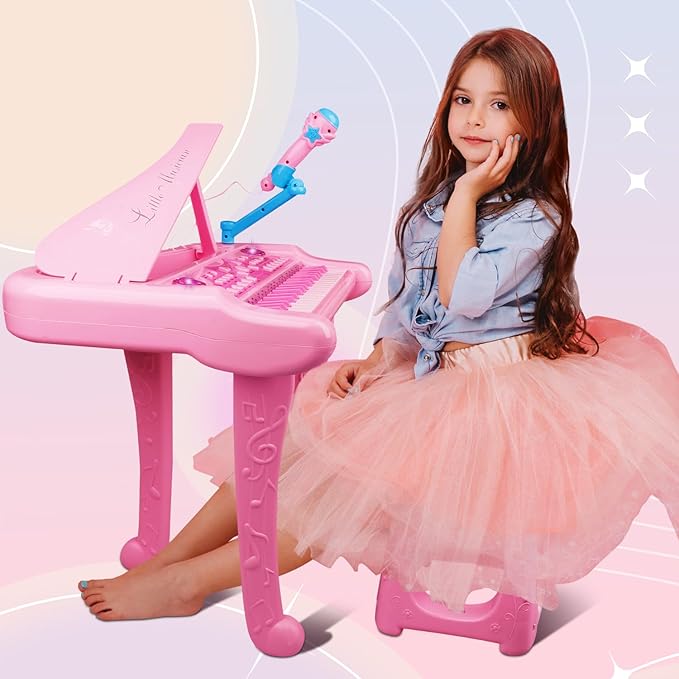 Dollox Keyboard Piano for Kids, 37-Key Toddler Piano Musical Instrument Toy, Electric Keyboard for Girls, 3, 4, 5, 6, 7 Years Old Birthday Gift - Mini Music Toy with Stool (Pink)