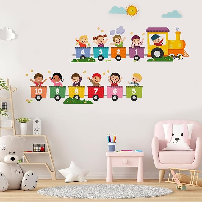 Alphabet Train Color Learning Educational Wall Decals Peel and Stick Cute Animal Wall Stickers for Educational Classroom Kids Playroom Bedroom Decorations (Train Numbers Reverse)