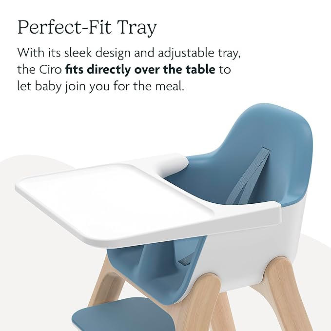 UPPAbaby Ciro High Chair/Sleek, Easy-to-Clean Design/Perfect-Fit Tray to Bring Baby to Table/Patent-Pending Harness/Dual-Position, 180-Degree Rotating Footrest/Caleb (Steel Blue/Rubberwood)