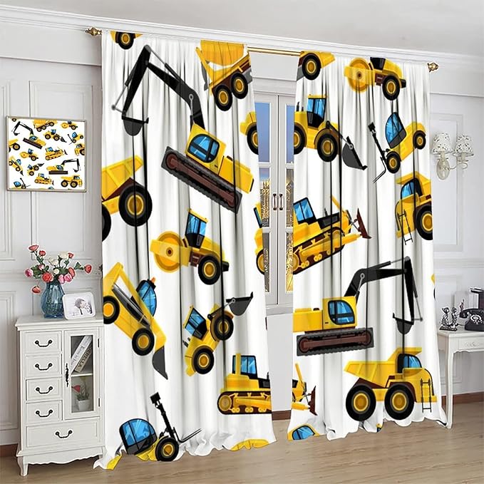 Kids Construction Equipment Window Curtains, Excavator Tractor Tow Truck Rod Pocket Decorative Windows Curtain for Children Teens Boys Girls Room Decor 52x84in (30% Blackout)