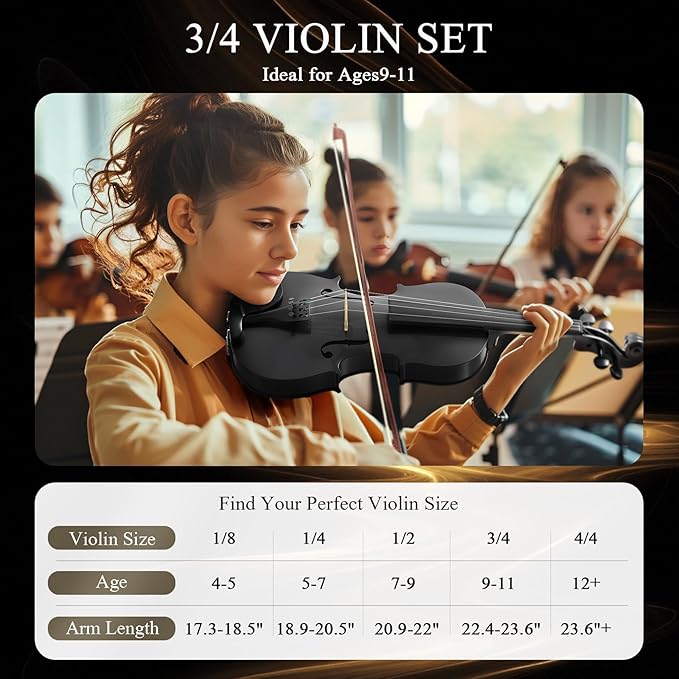3/4 Beginner Violin Kit,Complete Violin Set with Case, Bow, Rosin,Black