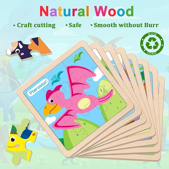 Wooden Puzzles for Toddlers 2-4, 9 Pieces Dinosaur Jigsaw Puzzles for Kids Ages 3-5, Preschool Learning Activities, Learning & Educational Toys, Gifts for Boys, Girls