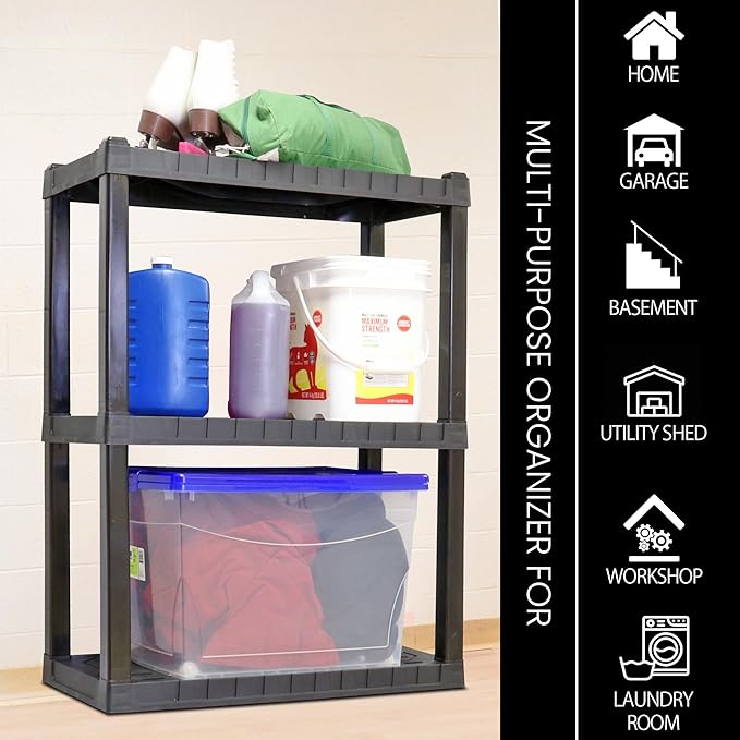 Oskar Storage Shelves - Bathroom Wall Organizer, Kids Room Toys Book Shelf, No Drill Heavy Duty, Kitchen Closet Garage Outdoor 3 Tier Stackable Plastic Shelving Unit