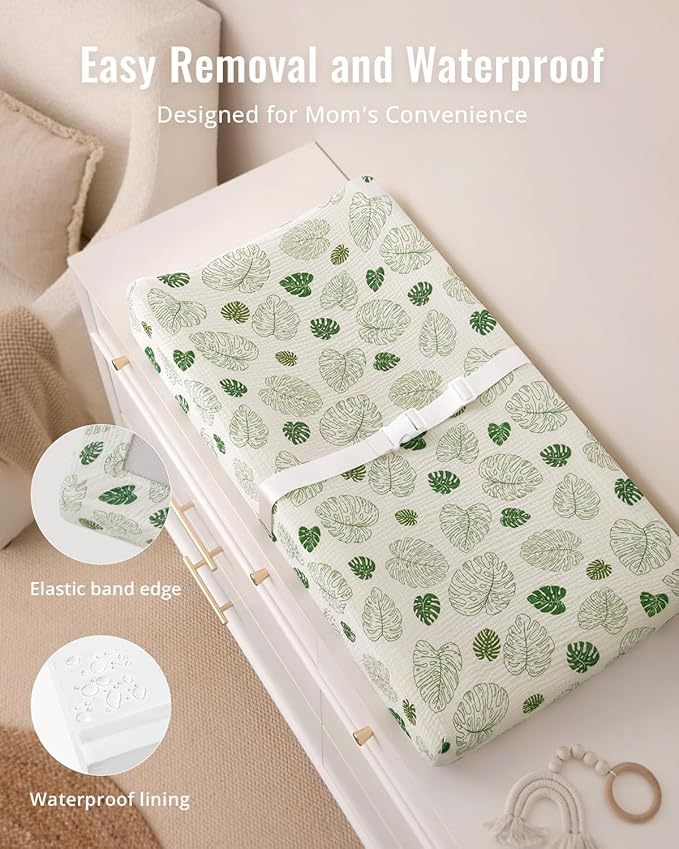 Blissful Diary Muslin Baby Changing Pad with Waterproof Lining Foam, Diaper Changing Table Pad with Cover for Dressers (Monstera, Rectangular)