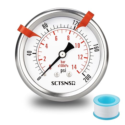 0 to 200 Psi Pressure Gauge, Glycerin Liquid Filled, 2.5 inch Dial, 1/4" NPT Back Mount, Stainless Steel Case, for Air Compressor, Shock, Water System, Well Pump, Tank, Pipe, Pressure Test