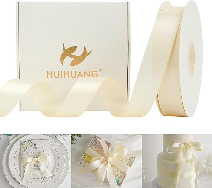 HUIHUANG Cream Ribbon 1 inch x 50 Yards Ivory Double-Faced Polyester Silk Satin Ribbon for Gift Wrapping, Wedding Invitations, Hair, Bows Making, Holiday Decor, Floral Arrangement