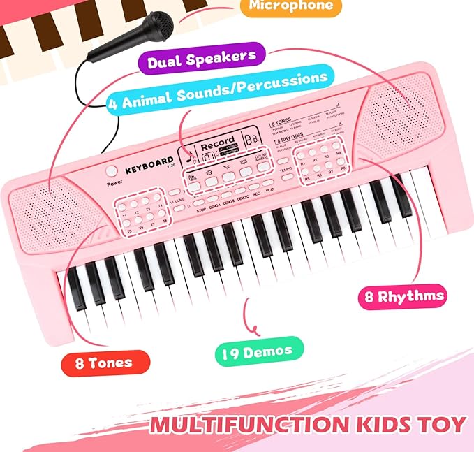 M SANMERSEN Kids Piano Keyboard with Microphone 37 Keys Portable Electronic Keyboards for Beginners Musical Toy for 3/4/5/6 Year Old Girls Boys, Pink