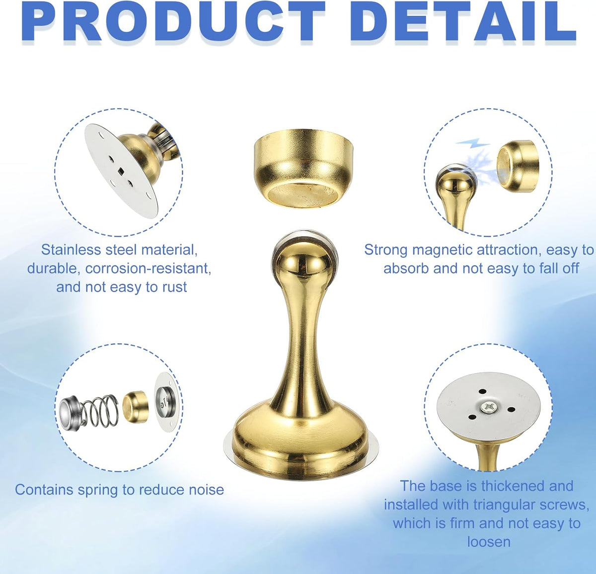 uxcell Magnetic Door Stopper, Stainless Steel Heavy Duty Door Holder, No Drilling Doors Knob Wall Protector with Self-AdhesiveTapes and Screws for Home Office Wall Floor Mounting, Gold