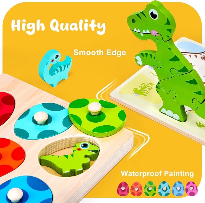 Toddler Dinosaur Puzzle with Eggs - Montessori Wooden Puzzles for 1-4 Year Olds