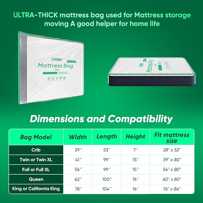 ZCHENBS® – Mattress Bags for Moving and Storage,Mattress Bag with Zippers,5 Mil Ultra-Thick Bed Bag,Waterproof,Anti-Tear,Heavy-Duty Mattress bag (Tansparent/Green, Crib-(1 Pack))